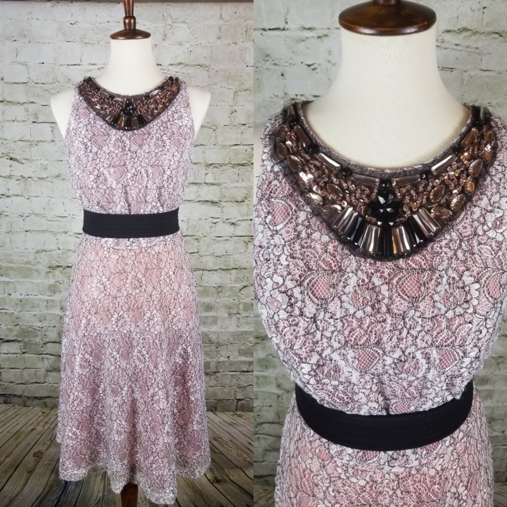 Pink and Black Lace Embellished Cocktail Dress